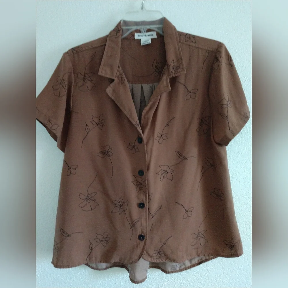 Lotus & Lavender Blouse Shirt Brown Black Floral Flowers Print Short Sleeve L - Picture 1 of 6
